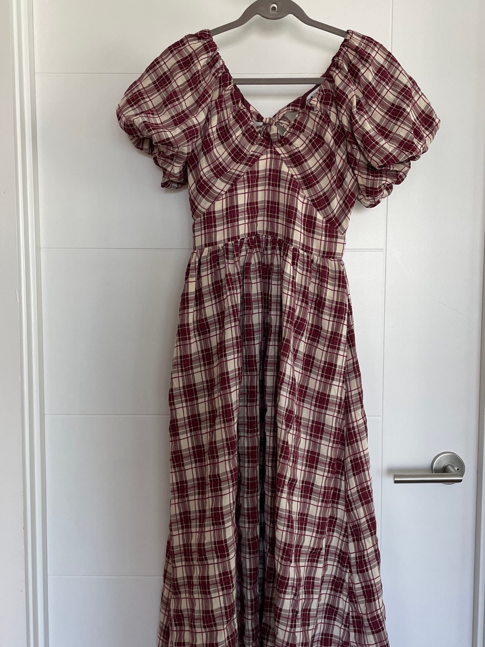 Women's Burgundy Plaid Puff-Sleeve Maxi Dress